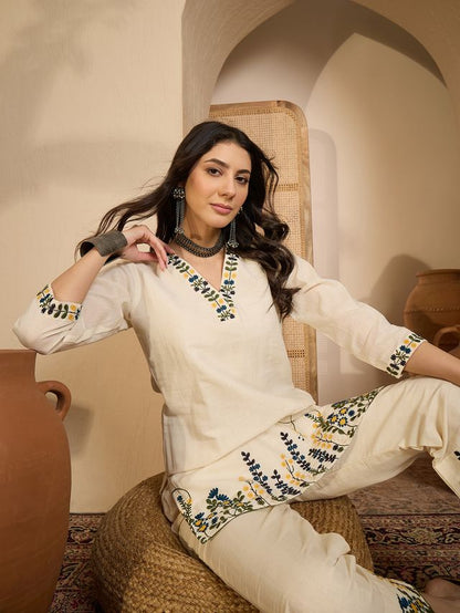 Beige Color Khadi Silk Fabric Designer Embroidered Co-ord Set 4150