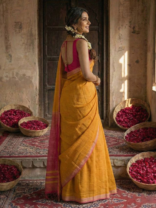 Mustard Color Stylish Cotton Woven Designer Partywear Saree