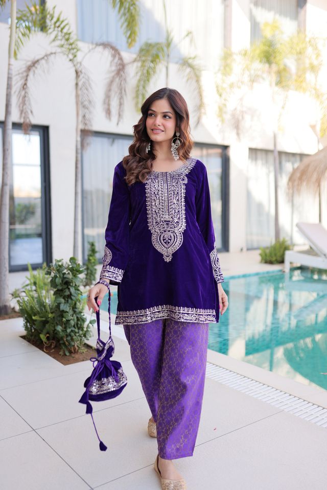 Purple Color Geaceful Festive Special Velvet Fabric Readymade Suit With Batwa