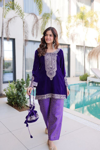 Purple Color Geaceful Festive Special Velvet Fabric Readymade Suit With Batwa