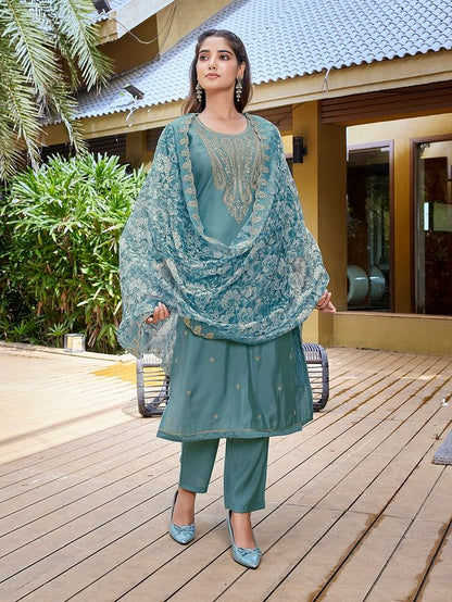 Light Blue Color Stylish Partywear Readymade Ethnic Suit