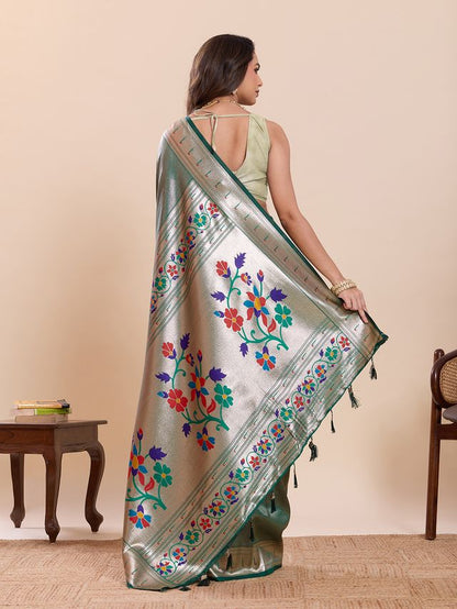 Green Color Beautiful Soft Silk Fabric Woven Designer Saree