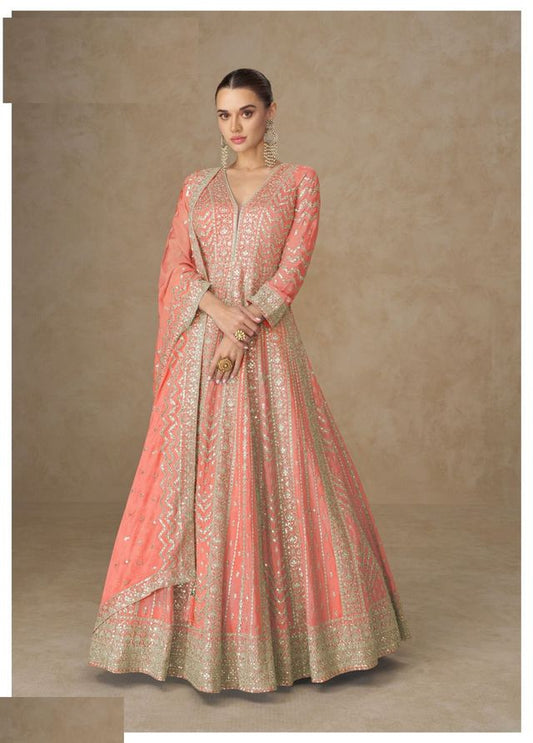 Light Orange Chinon Silk Gowns Full Size Free size Upto 42