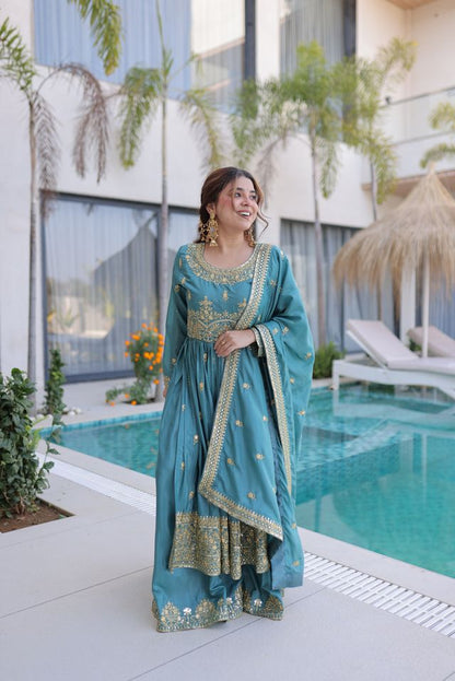 Sky Blue Color Super Silk Fabric Beautiful Ceremonial Suit With Dupatta