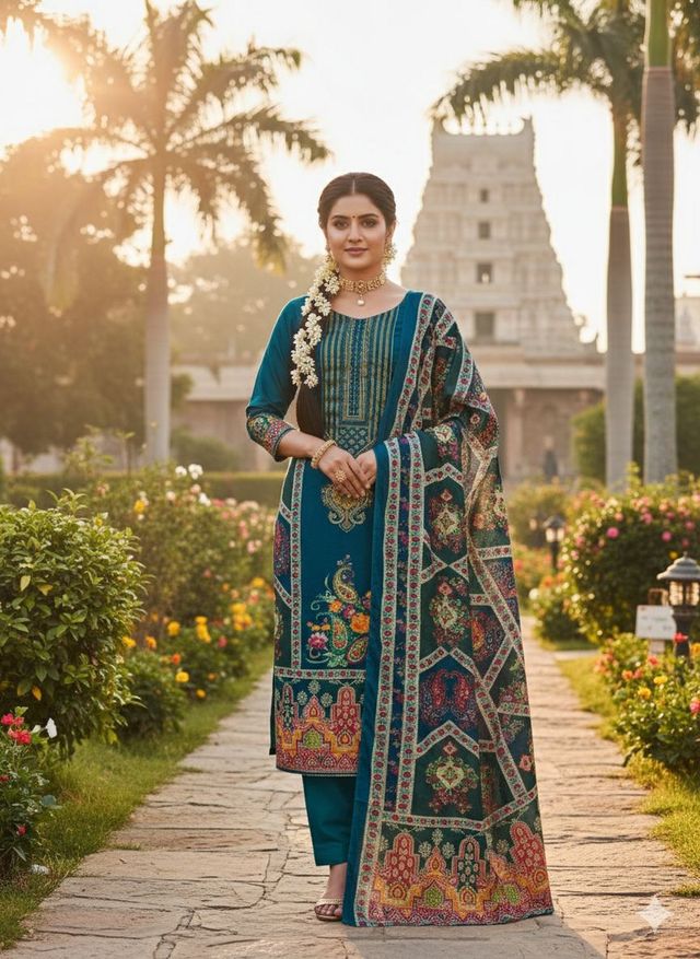 Blue Color Chinon Fabric Designer Printed Ethnic Ceremonial Suit