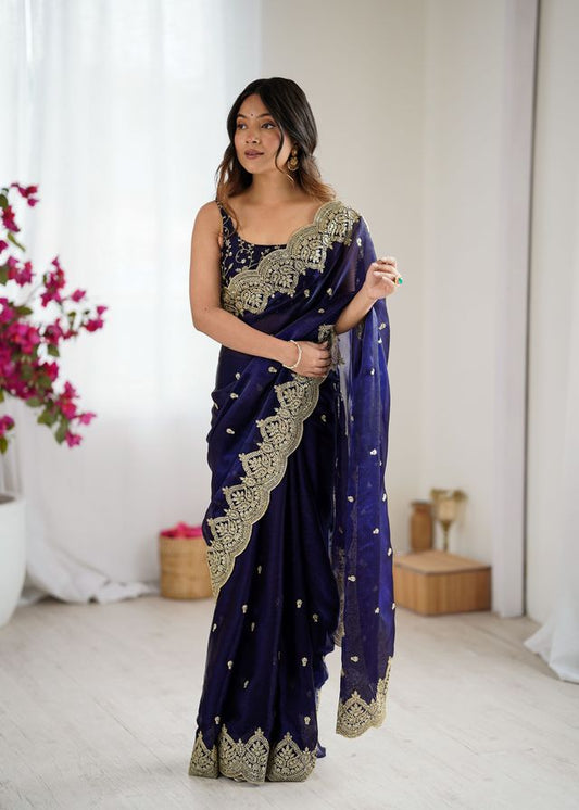 Purple Color Fendy Chiffon Fabric Beautiful Embroidered Saree