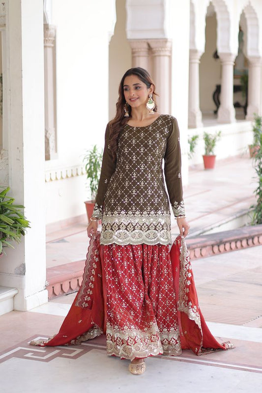 Brown Color Vichitra Silk Fabric Classy Sequins Embroidered Partywear Readymade Suit With Dupatta
