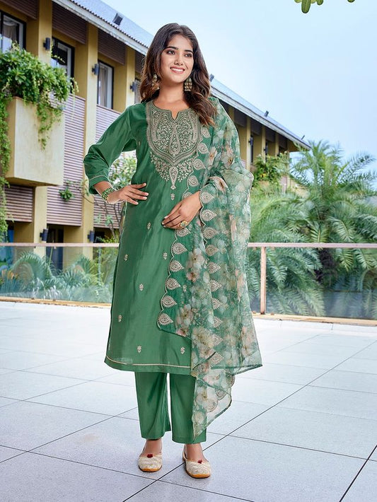 Green Color Stylish Partywear Readymade Ethnic Suit