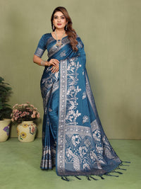 Teal Blue Color Satin Silk Fabric Woven Jari Designer Partywear Saree