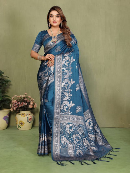 Teal Blue Color Satin Silk Fabric Woven Jari Designer Partywear Saree