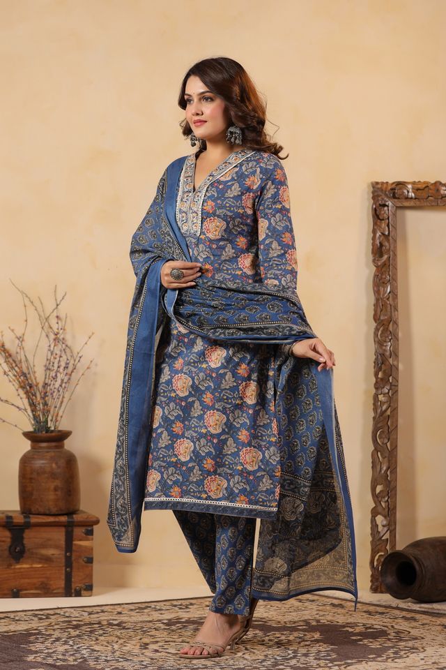 Blue Color Cotton Fabric Stylish And Trendy Kurta Set For Ethnic Girls