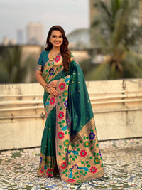 Rama Color Paithani Silk Fabric Woven Designer Partywear Saree