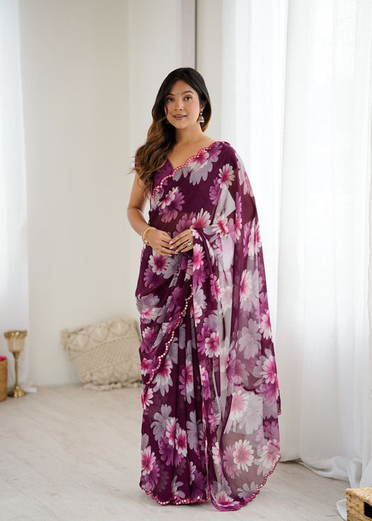 Purple Color Georgette Fabric Designer Printed Bollywood Style Saree
