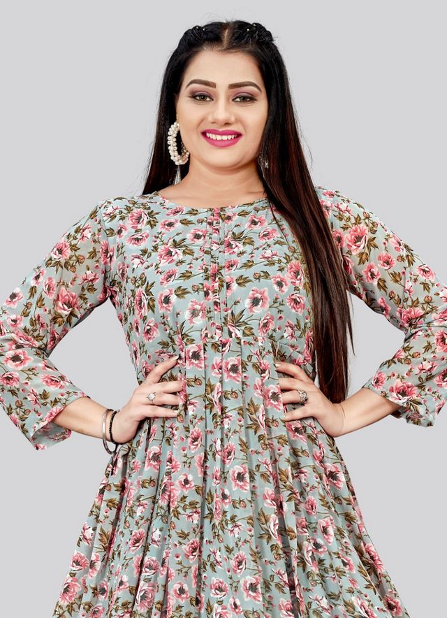 Grey Color Georgette Fabric Readymade Kurti For Ethnic Festive Looks