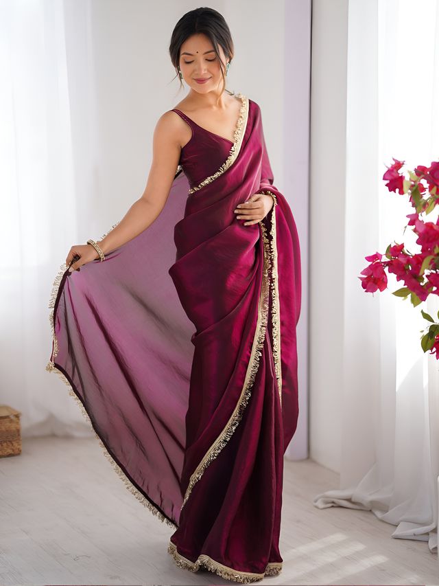 Wine Color Space Silk Fabric Saree With Zalar Lace Border Ethnic Girlie Saree