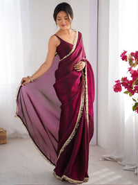 Wine Color Space Silk Fabric Saree With Zalar Lace Border Ethnic Girlie Saree