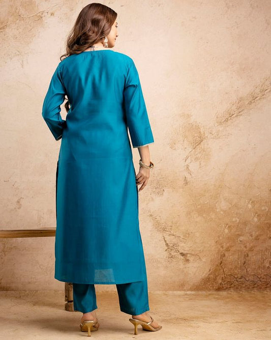 Sky Blue Color Ethnic Silk Blend Fabric Readymade Kurta Set With Dupatta