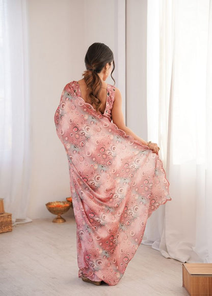 Peach Color Chinon Fabric Digital Print Smart Ethnic Saree