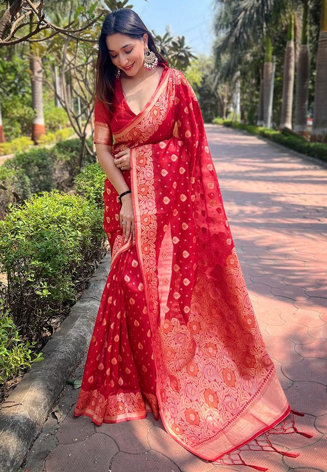 Red Color Organza Fabric Woven Designer Ceremonial Partywear Saree