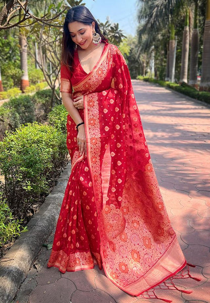 Red Color Organza Fabric Woven Designer Ceremonial Partywear Saree