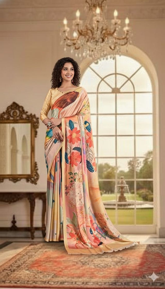 Peach Color Deisgner Printed Crepe Silk Saree for Ceremonial Presence
