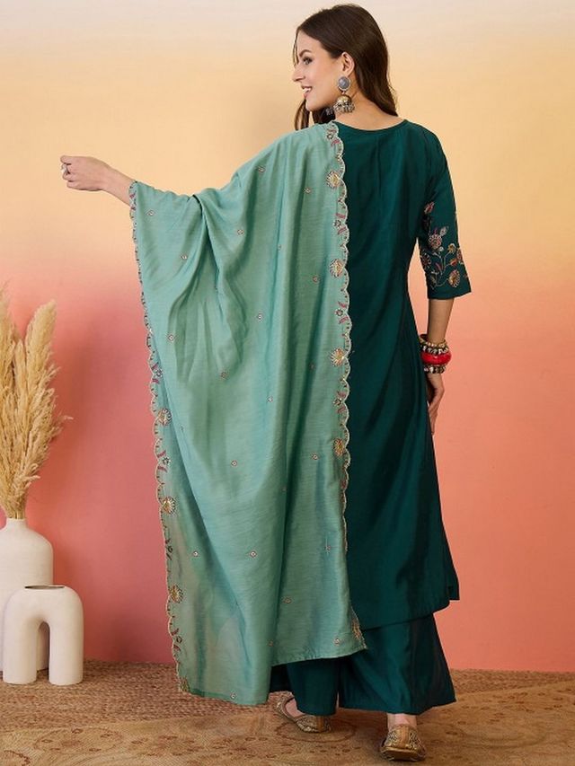 Teal Color Chanderi Silk Fabric Beautiful Graceful Readymade Palazzo Dress