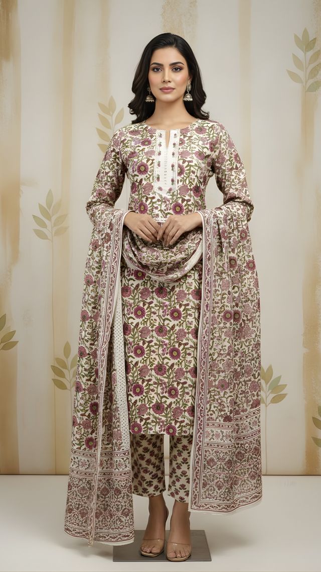 Beige Color Cotton Fabric Stylish And Trendy Kurta Set For Ethnic Girls