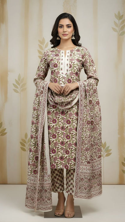 Beige Color Cotton Fabric Stylish And Trendy Kurta Set For Ethnic Girls
