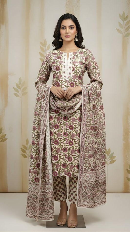 Beige Color Cotton Fabric Stylish And Trendy Kurta Set For Ethnic Girls