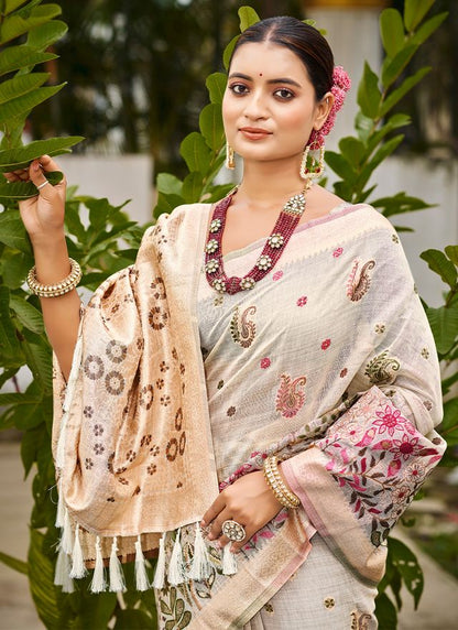 Off-White Color Cotton Silk Fabric Woven Meenakari Designer Saree