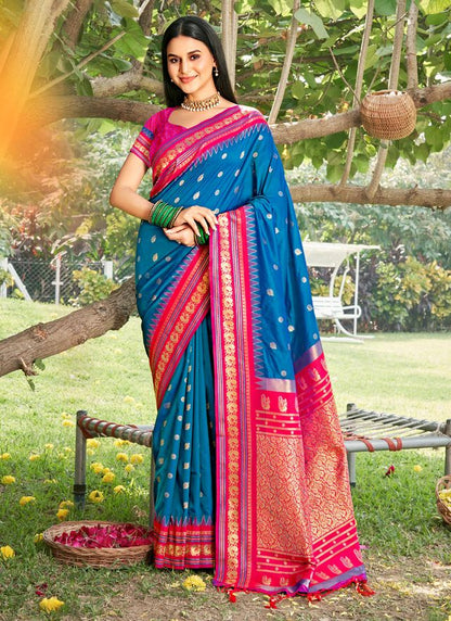 Blue Color Beautiful Woven Designer Soft Silk Fabric Saree