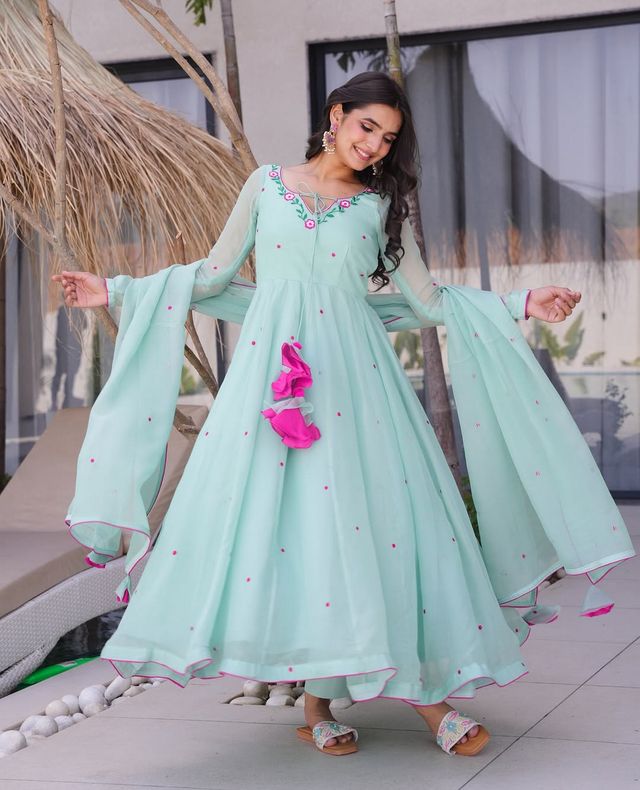 Sea Green Color Beautiful Readymade Dress On Georgette Fabric For Graceful Girlie Looks