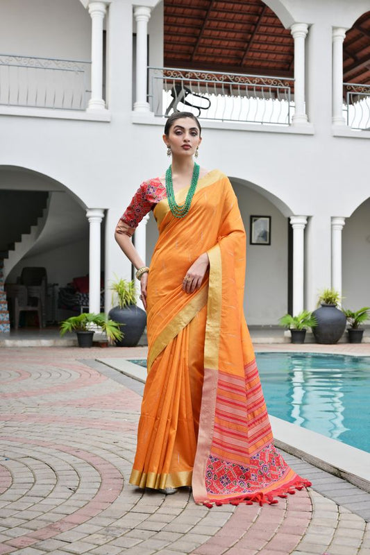 Orange Color Khadi Raw Silk Fabric Woven Meena Rich Pallu Border Designer Beautiful Saree