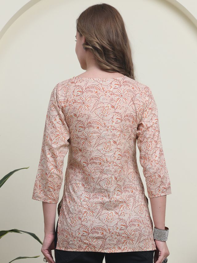 Peach Color Cambric Cotton Fabric Designer Printed Formal Short Kurta