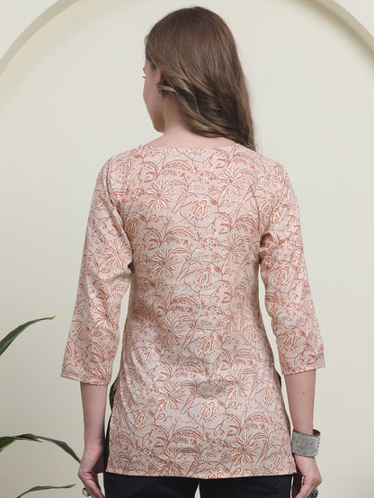 Peach Color Cambric Cotton Fabric Designer Printed Formal Short Kurta