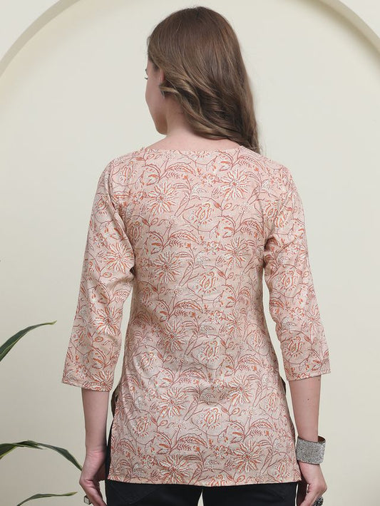 Peach Color Cambric Cotton Fabric Designer Printed Formal Short Kurta