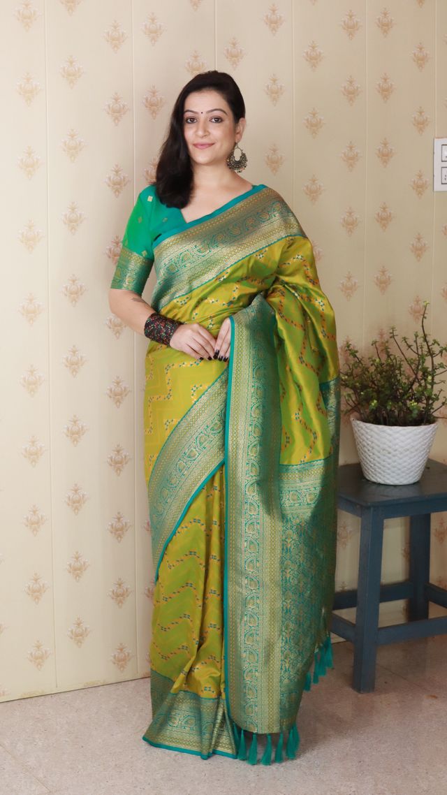 Mahendi Color Banarasi Silk Fabric Woven Designer Traditional Saree