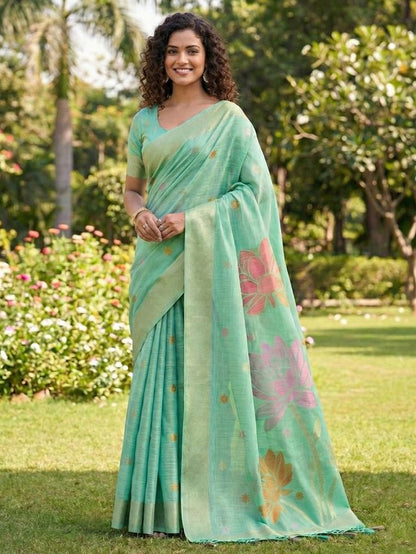 Sea Green Color Linen Cotton Fabric Woven Designer Partywear Saree