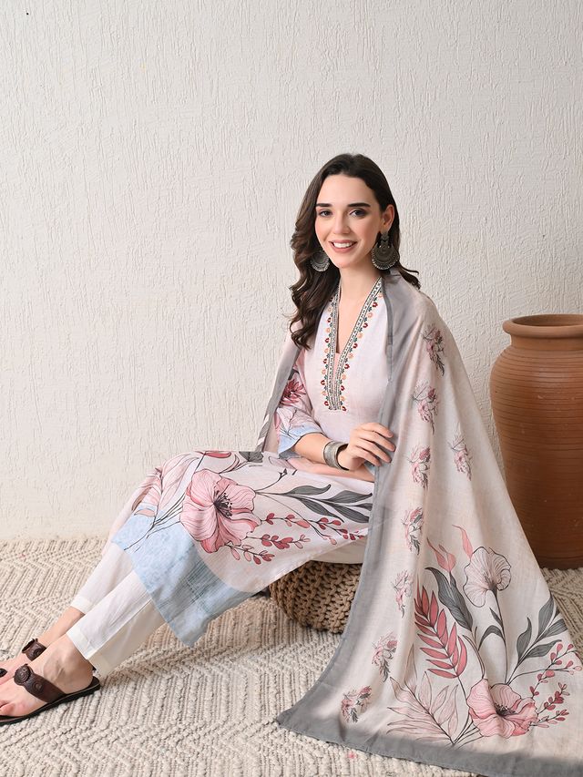 Grey Color Linen Fabric Designer Partywear Readymade Suit