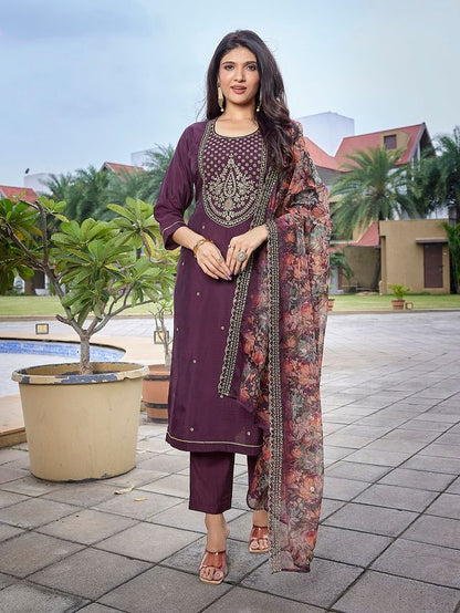 Wine Color Stylish Partywear Readymade Ethnic Suit