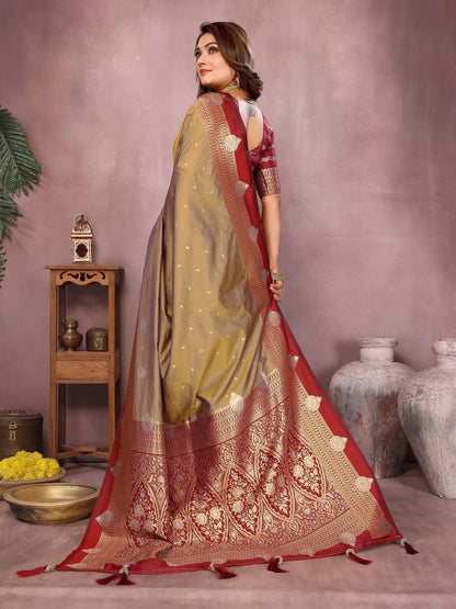 Golden Pure Handloom Kalamkari Silk With Zari Woven Design Saree With Blouse