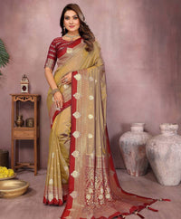 Golden Pure Handloom Kalamkari Silk With Zari Woven Design Saree With Blouse