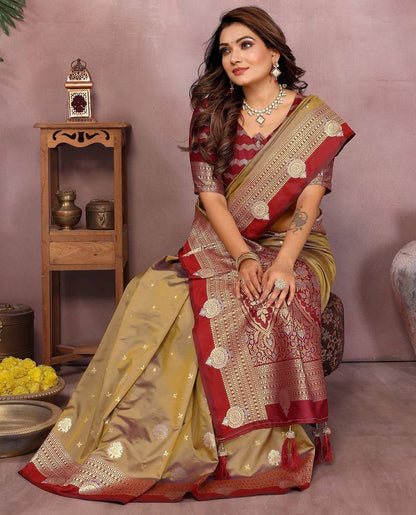 Golden Pure Handloom Kalamkari Silk With Zari Woven Design Saree With Blouse