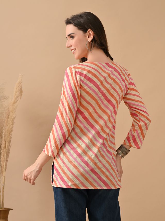 Orange Color Cambric Cotton Fabric Designer Printed Formal Short Kurta