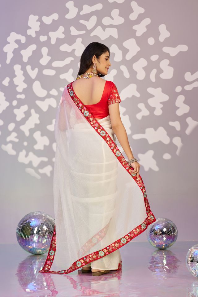 White Color Ethnic Embroidered Simmer Chiffon Fabric Girlie Partywear Saree