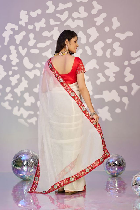 White Color Ethnic Embroidered Simmer Chiffon Fabric Girlie Partywear Saree