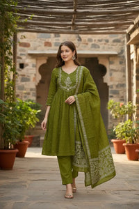 Women's Beautiful Cotton Fabric Embroidery Work Flared Anarkali Pant and Dupatta Set