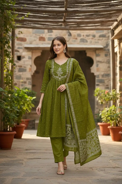 Women's Beautiful Cotton Fabric Embroidery Work Flared Anarkali Pant and Dupatta Set