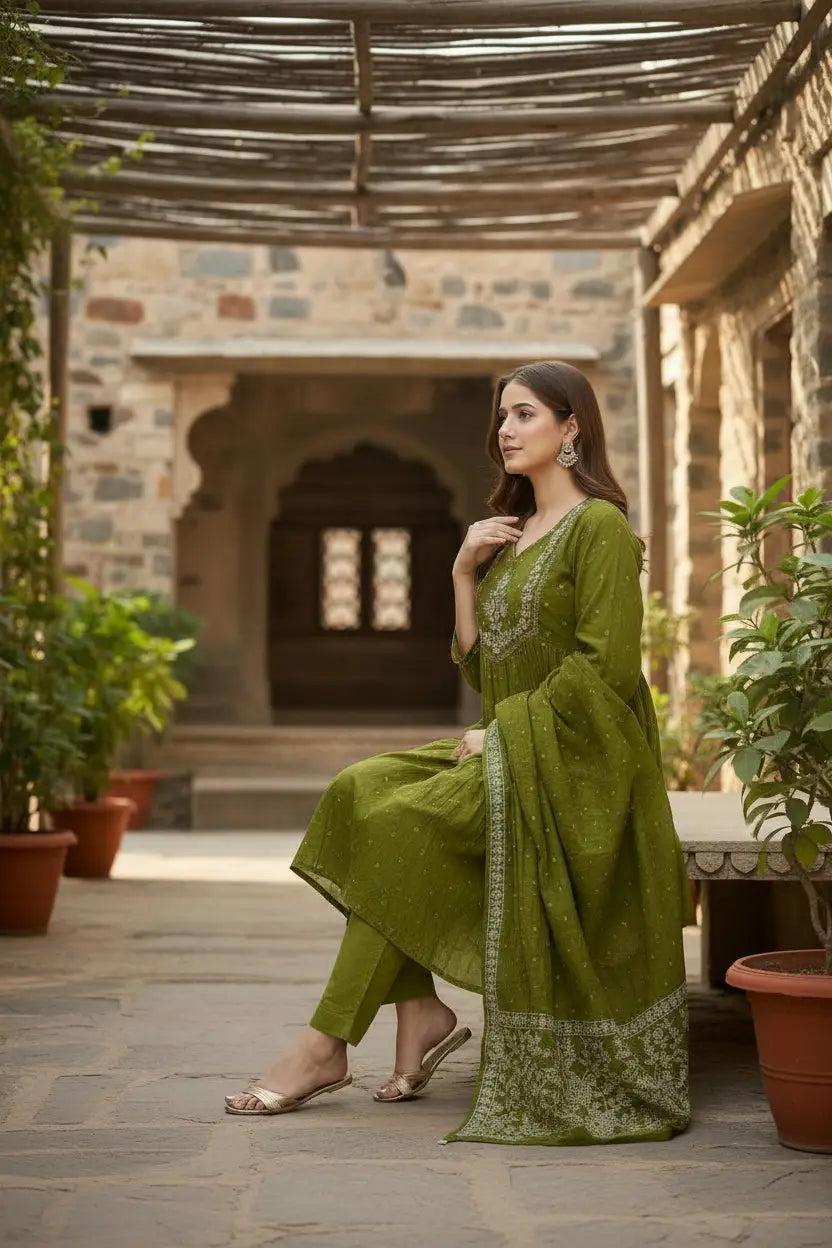 Women's Beautiful Cotton Fabric Embroidery Work Flared Anarkali Pant and Dupatta Set