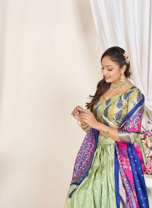 New Green patola print dola silk semi stitched lehenga choli with tassels